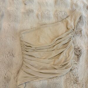 Beige Ruched One-Shoulder Top